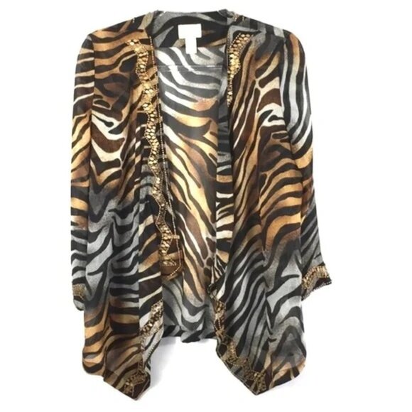 Chico's Brown Black Animal Print Beaded Sheer Open‎ Caftan Top - Picture 1 of 9